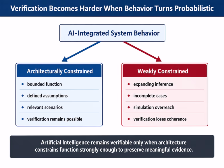Diagram showing AI-integrated system behavior branching into two paths: an architecturally constrained path with bounded function, defined assumptions, relevant scenarios, and possible verification; and a weakly constrained path with expanding inference, incomplete cases, simulation overreach, and weakened verification coherence.